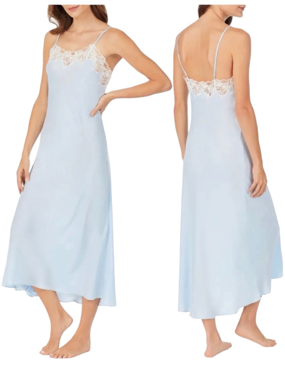 Eileen West Lace Trim Sleeveless Satin Nightgown In Blue Size S